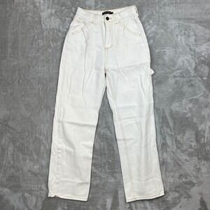 Bei Si Dun White Carpenter Pants High Waisted Wide Leg‎ Gold Stitching